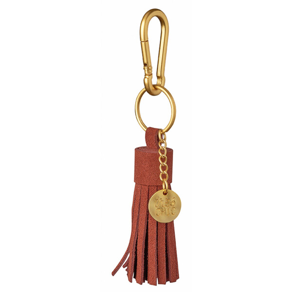 Schlüsselanhänger-rostbraun-Quaste-Leder-Karabiner-gold