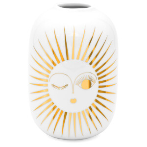 Vase-weiss-bauchig-Gesicht-Sonne-glänzend-gold